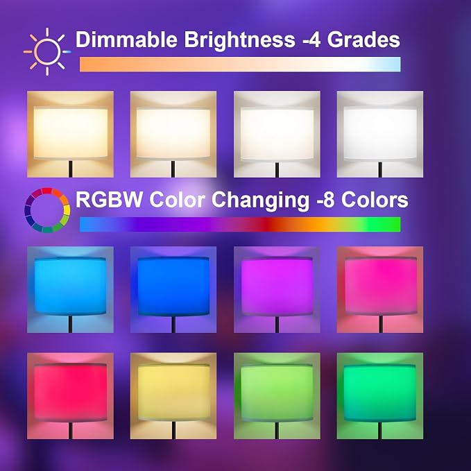 Ambimall Floor Lamp for Living Room with Smart Light Bulb, RGB + Stepless Dimmable Colors Temperature & Brightness(White Shade & Black Pole)