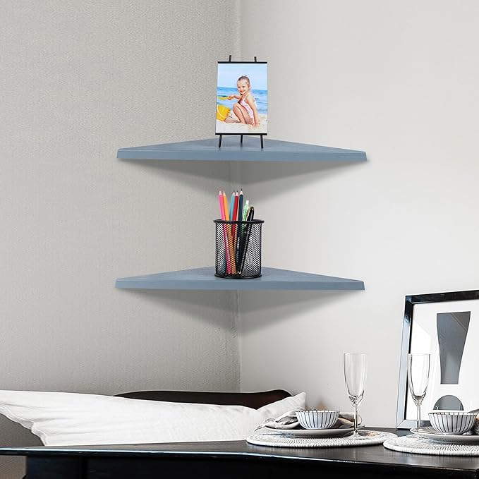 evron Corner Mounting Shelf Set of 2 – Easy to Install Floating Wall Shelves with Wood Grain Finish, Durable and Waterproof ABS Plastic for Kitchen, Bathroom, Living Room Home Décor (Grey)