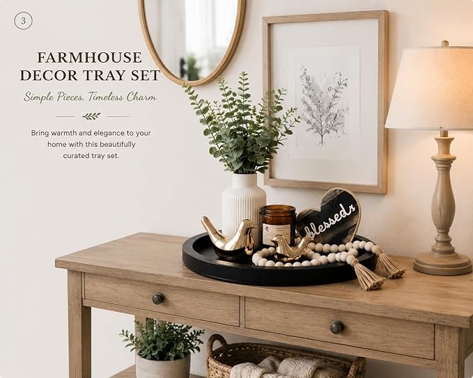 Rustic Modern Farmhouse Decor Set of 7 for Home Decor Living Room, Kitchen Counter, or Coffee Table Centerpieces Decor, Wood Round Decorative Tray Gifts for Women Men