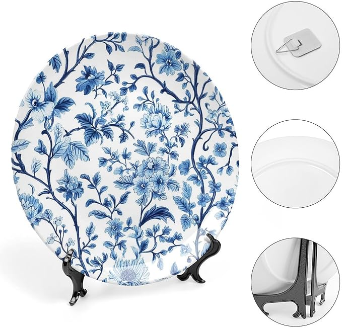 Blue Ceramic Decorative Plate, Pattern Decorative Dish with Stand, Creative Arts Bone China Decorative Plates Art Porcelain Plate for Living Room Hallway Table Decor