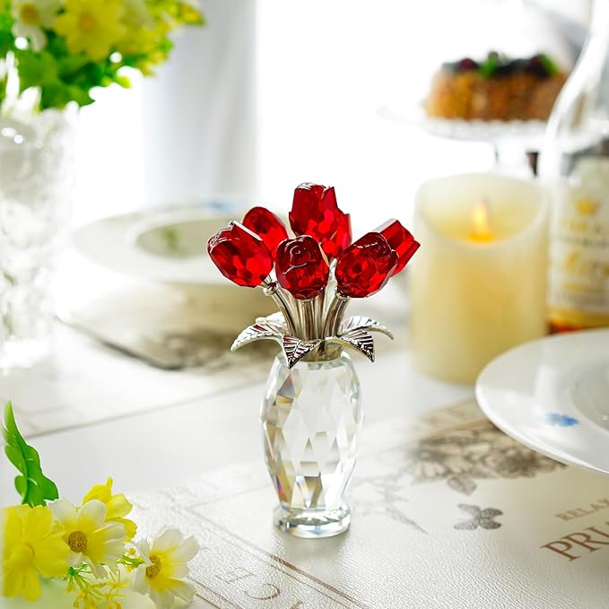 H&D HYALINE & DORA Crystal Rose Flower Figurine,Glass Flower Bouquet Ornament,Glass Rose Gift for Christmas Mother's Day Valentine's Wedding Party