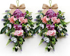 2 Pack 22'' Summer Tropical Swag Wreaths for Cabinets Artificial Hibiscus Flowers Teardrop Wreath with Palm Leaf and Fern Fronds Floral Wreath Hanger for Farmhouse Front Door Porch Window Wall Hanging