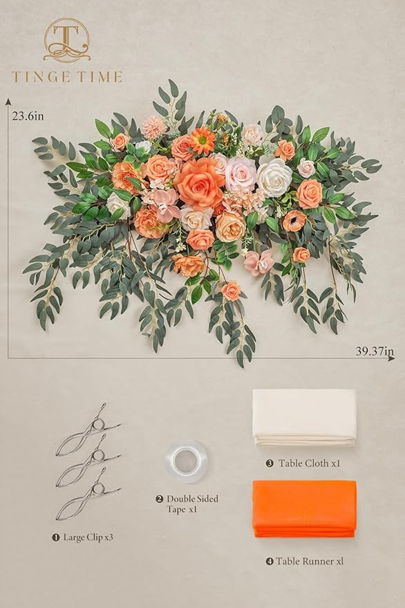 TINGE TIME Artificial Sweetheart Flower Swag with Table Cloth and Table Runner, Pack of 3 Floral Arrangement for Wedding Sweetheart Table Centerpiece Decoration (CoralPink&Champagne)