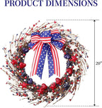 zjlmit 22 Inch 4th of July Wreath with Grapevine Base - Red White and Blue Berry Patriotic Wreath with Hanging Loop for Front Door, Independence Day & Memorial Day Decor