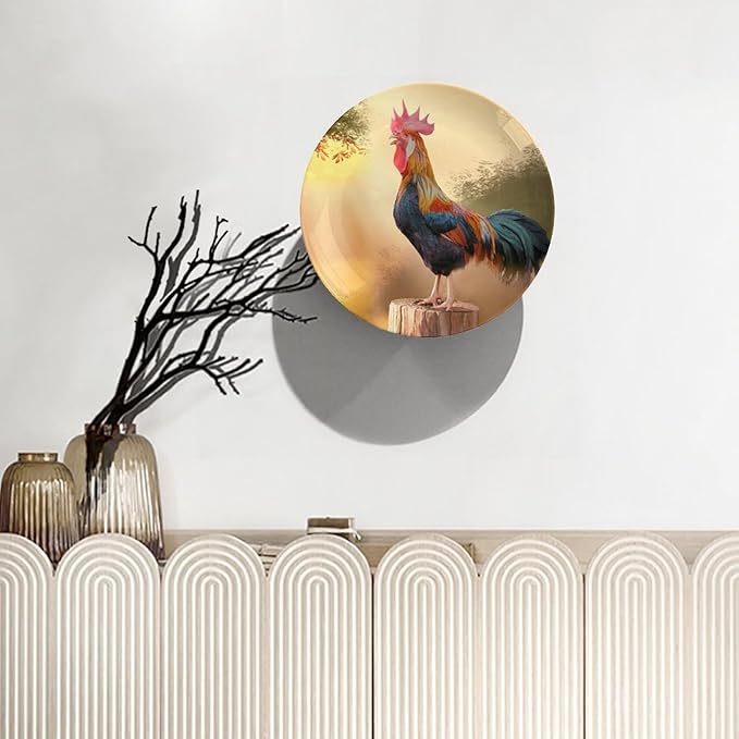 Rooster Decorative Plates, 6 Inch, Crowing Cock Round Display Plate, Table Top Plate Decor with Stand, for Home Kitchen Bedroom Decorative Ornaments