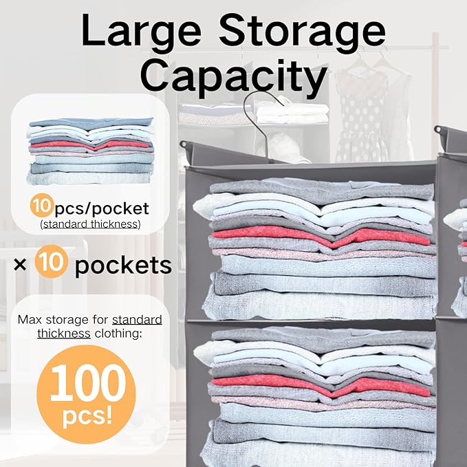 Grey 5-Tier Hanging Closet Storage Organizer - Space-Saving Dual-Row Foldable Shelves with 3 Hooks, Wardrobe Organizer for Dorm, Bedroom, Clothes and Accessories