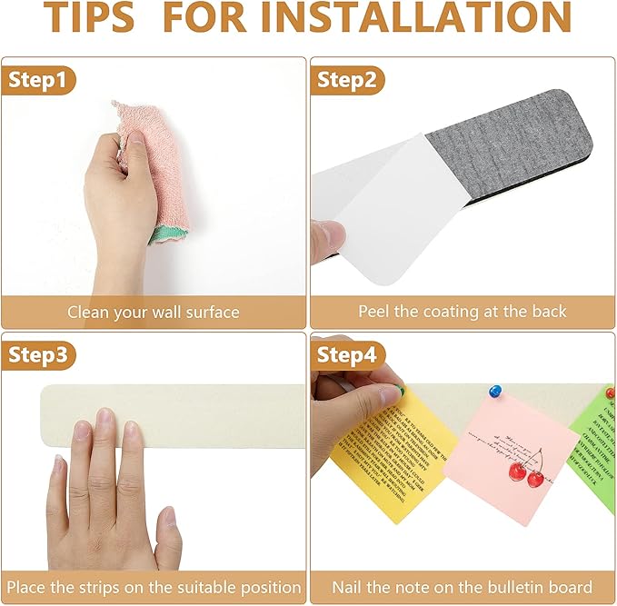 Felt Pin Board Bar Strips Bulletin Board for Bedrooms Offices Home Wall Decoration, Notice Board Self Adhesive Cork Board with 35 Push Pins for Paste Notes, Photos, Schedules (Cream)