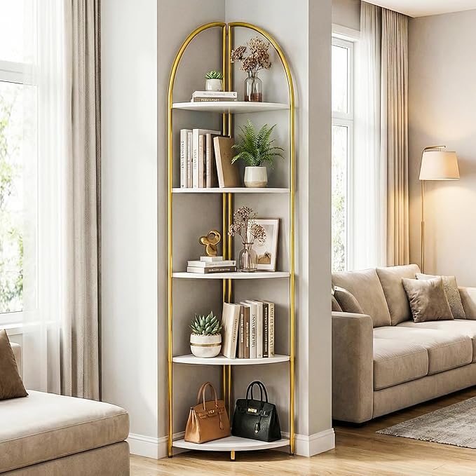 5 Tier Corner Shelf, Luxury Gold Corner Plant Stand with White Wood Shelves,Modern Metal Corner Bookshelf Display Rack,Premium Corner Storage Shelving Unit for Living Room,Bedroom,Bathroom