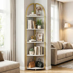 5 Tier Corner Shelf, Luxury Gold Corner Plant Stand with White Wood Shelves,Modern Metal Corner Bookshelf Display Rack,Premium Corner Storage Shelving Unit for Living Room,Bedroom,Bathroom