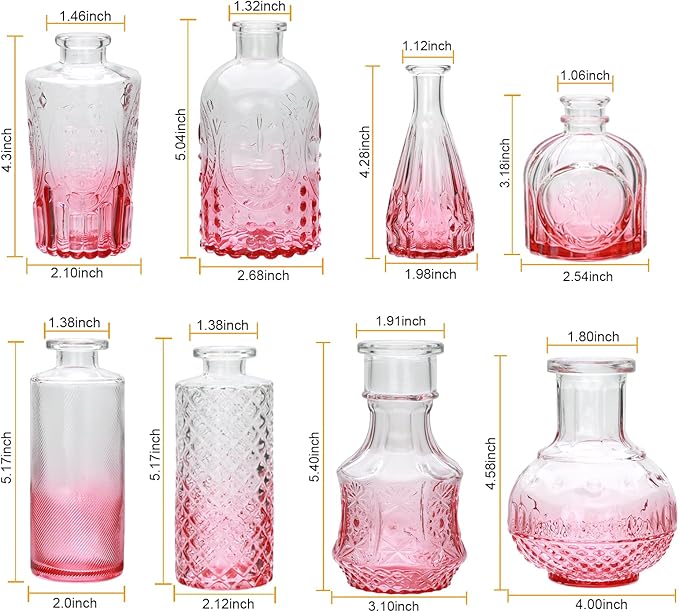 Brajttt Pink Small Flower Vase Set, Glass Bud Vase in Bulk Set of 8,Artistic and Cultural Flavor Mini Vases for Home Office Decor, Bedroom, Office, Living Room Decorations,Wedding