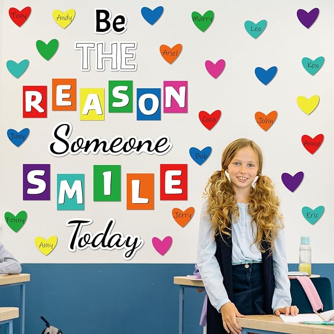 Classroom Bulletin Board Decoration Set Welcome Banner Wall Door Decor Color Heart Shaped Classroom Decorations for Kindergarten Preschool Elementary Middle School (Be The Reason Someone Smile Today)