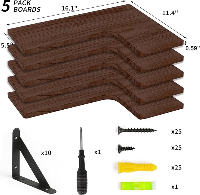 Fixwal Floating Shelves for Wall Set of 5, Rustic Wood Wall Mounted Corner Shelf for Bathroom, Kitchen, Bedroom, Home Decor, Laundry Room, Living Room (Walnut Brown)