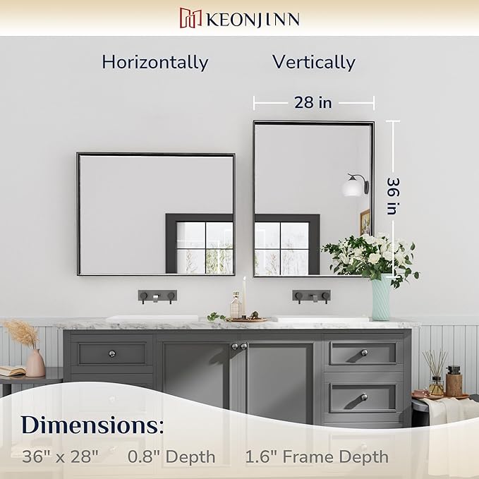 Keonjinn 28 x 36 Inch Black Bathroom Mirror, Rectangle Wall Vanity Mirrors, Metal Framed Farmhouse Mirror Brushed Square Corner, Modern Bathroom Mirrors for Over Sink(Horizontal/Vertical)