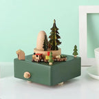 Natural Solid Wood Handcrafted Beech Wooden, Musical FigureTotoro/Carousel/Fairy/Ballerina Figurine,Rotating Hand Crank Mechanism Music Box,Musical Decorations (Green Christmas Train)