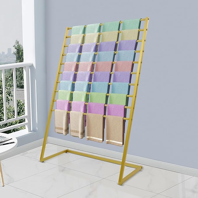 Scarf Organizer, Metal Hijab Organizer, 10 Tier Scarf Holder Hanger for Multiple Scarves, Freestanding Hijab Stand Belt Pants Hanging Rack for Home, Commercial, Clothing Store (Gold, 100cm)