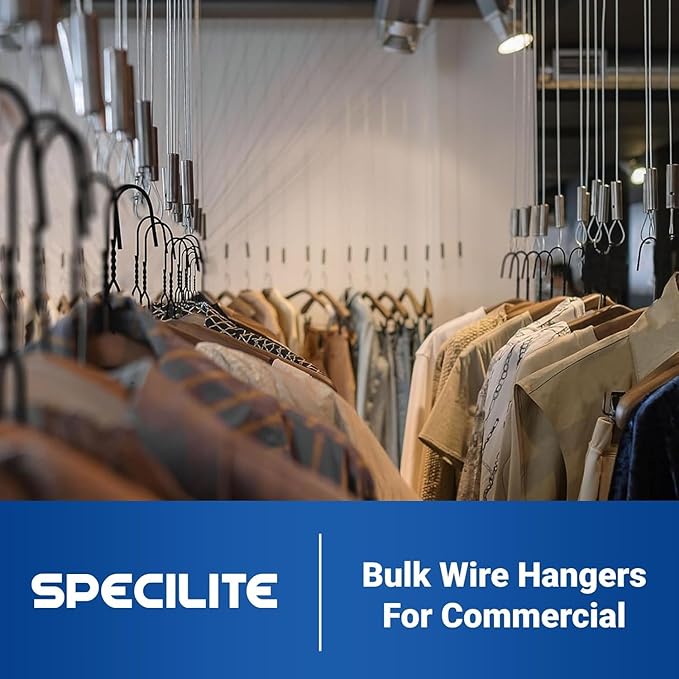 SPECILITE Wire Metal Clothes Hangers Bulk 50 Pack for Standard Size Suits, Coats, Shirts, Pants, Skirts, Space Saving, Non Slip,16 Inch 12 Gauge Ultra Thin, Black