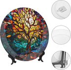 Stained Glass Theme Decorative Ceramic Plate Round Porcelain Plate,10 inch,Tree of Life Pattern,for Decorative Ornaments Giving Plates, 1 Plate with 1 Display Stand,Multicolor