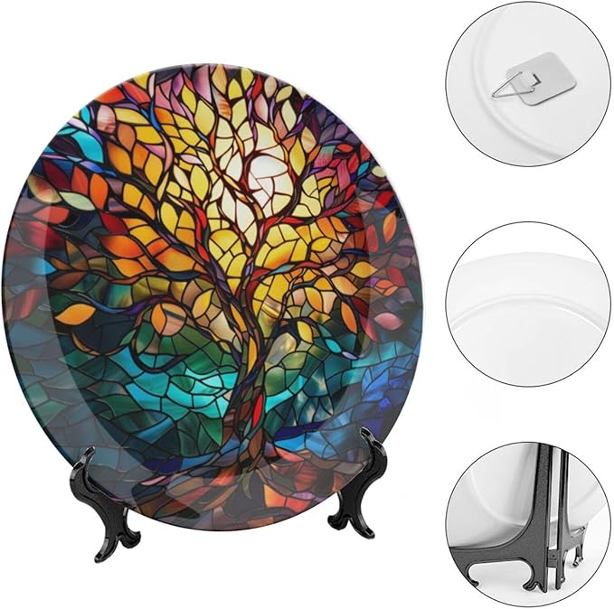 Stained Glass Theme Decorative Ceramic Plate Round Porcelain Plate,10 inch,Tree of Life Pattern,for Decorative Ornaments Giving Plates, 1 Plate with 1 Display Stand,Multicolor