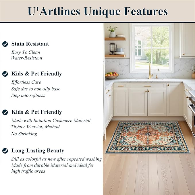 U'Artlines 2x3 Washable Boho Area Rug, Small Non Slip Vintage Doormat for Indoor Front Door Ultra Thin Mat Carpet for Entryway Kitchen Bathroom Bedroom Orange/Multi