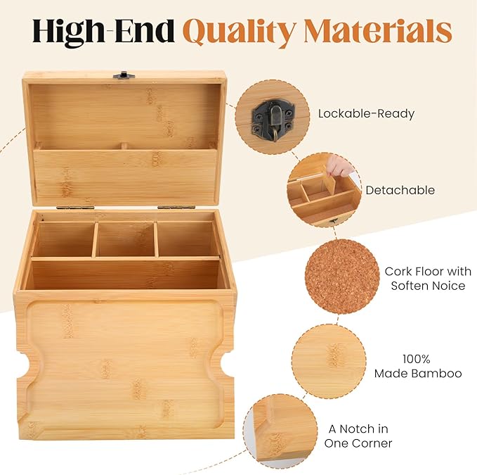 Large Bamboo Storage Box with Removable Tray Kit - Decorative Box Set, Glass Jars, and Accessories Wooden Storage Kit and Accessories Tool.Birthday Gifts
