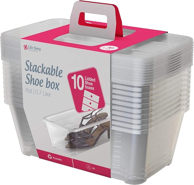Life Story 6 Liter Shoe, Accessory, and Closet Plastic Storage Box Multi-Purpose Lidded Stacking Tote Containers, Clear (50 Pack)