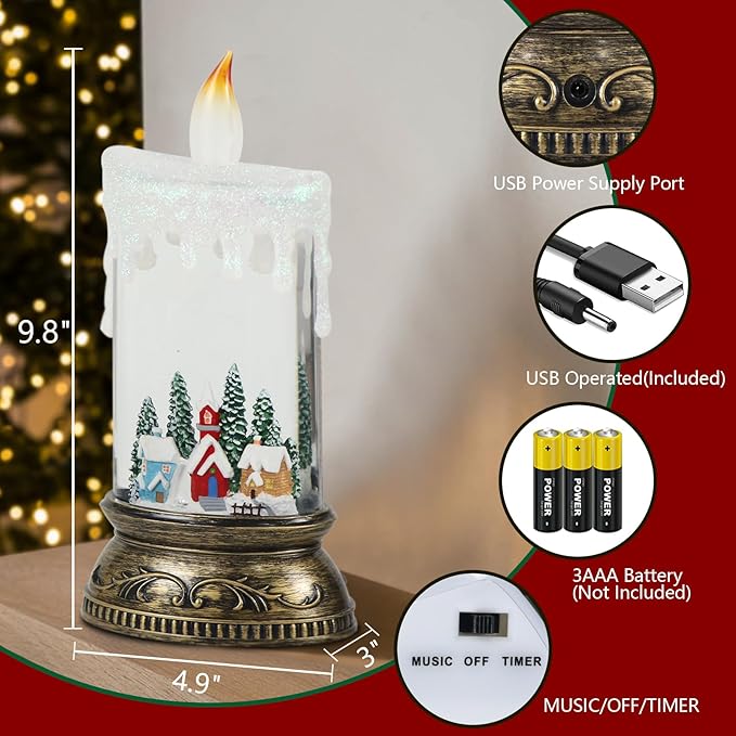Wondise Rechargeable Musical Snow Globe Lantern with 6H Timer, Battery Operated USB Powered Lighted Snow Globe Lamp Spinning Water Swirling Glitters Holiday Decor-Winter House