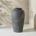 Rustic Distressed Ceramic Threaded Vase, 11"H Handmade Wabi Sabi Decor Vase (Deep Charcoal with Light Gray Weathering and Wheat Beige Patches) for Living Room Table Centerpieces, Entryway & Fireplace