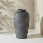 Rustic Distressed Ceramic Threaded Vase, 11"H Handmade Wabi Sabi Decor Vase (Deep Charcoal with Light Gray Weathering and Wheat Beige Patches) for Living Room Table Centerpieces, Entryway & Fireplace