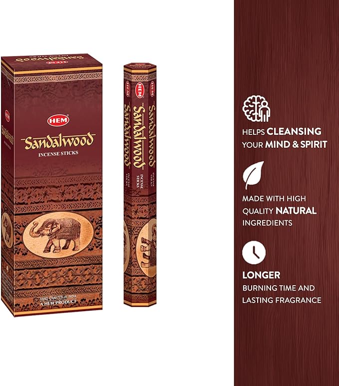 HEM Sandalwood Incense Sticks – 120 Count (Pack of 6 Boxes) – Classic Sandalwood Aroma Incense for Meditation, Yoga & Home Fragrance
