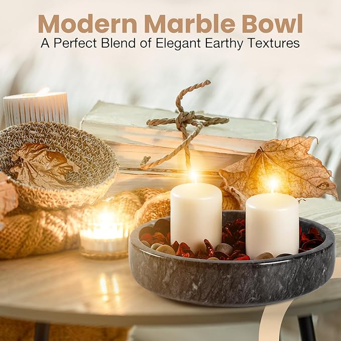 FNTSTICGOODS Marble Decorative Bowl - 7.5" Natural Black Solid Marble Centerpiece - Handmade Stone Fruit Bowl - Catch-All or Key Bowl for Kitchen - Modern Minimalist Decor