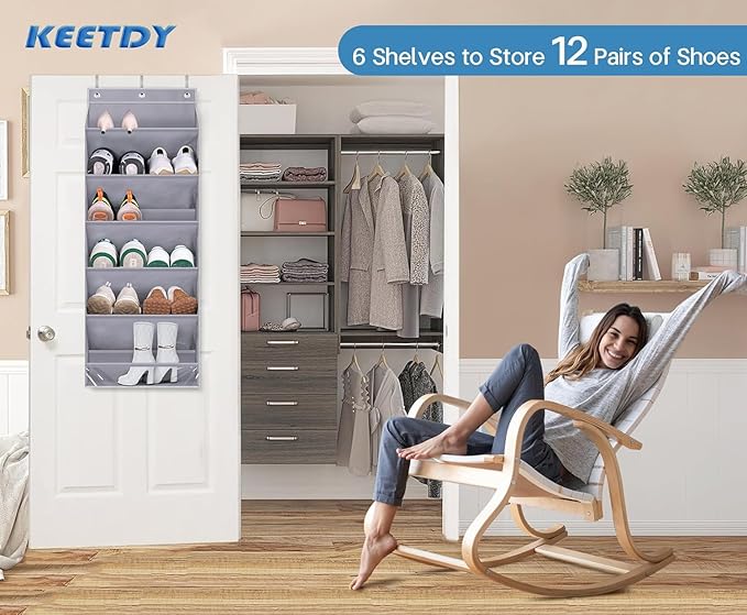 KEETDY Over The Door Shoe Organizer Fit Big Shoes Large Shoe Rack for Door Hanging Shoe Organizer for Closet Door Storage Boots, Grey