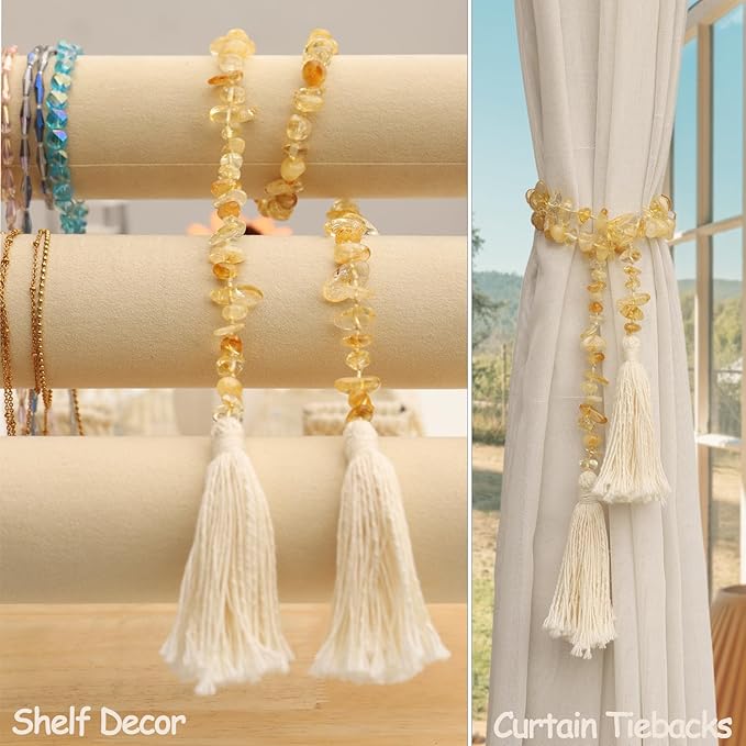 Natural Gemstone Bead Garland with Tassel,31inch Farmhouse Rustic Country Table Decor Prayer Healing Beads Boho Wall Shelf Hanging Decoration (Citrine)