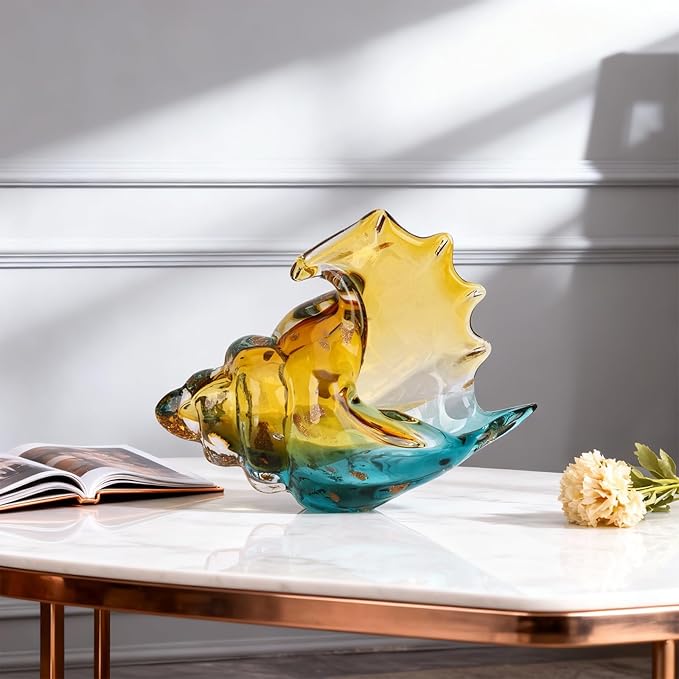DOVDOV Hand-Blown Glass Conch Sculpture, Coastal Home Decor Conch Horn, Glass Art Seashell Ornament, Office, Living Room Tabletop Centerpiece, Bathroom Shelf top and Cabinet Decoration.