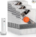 15 Packs Vacuum Storage Bags with Rechargeable Pump for Travel, Vacuum Seal Bags for Clothing Blankets Bedding, Space Saver Compression Bags for Storage Travel Moving (5S,5M,5L)