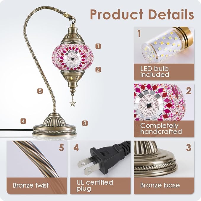 Yarra-Decor Turkish Moroccan Lamp with Bronze Base 3 Color Options Handmade Swan Neck Tiffany Mosaic Glass Bedside Lamps for Bedroom (LED Bulb Included) (3)