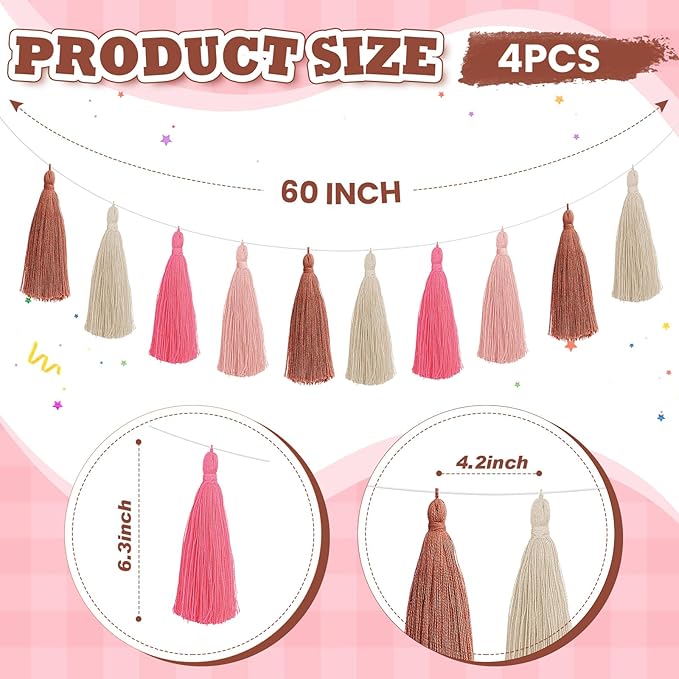 WILLBOND 4 Pieces Valentine's Day Tassel Garland for Classroom Wall Decor Boho Pastel Garland Cotton Tassel Banners for Party School(6.2 Inch,Cute Colors)