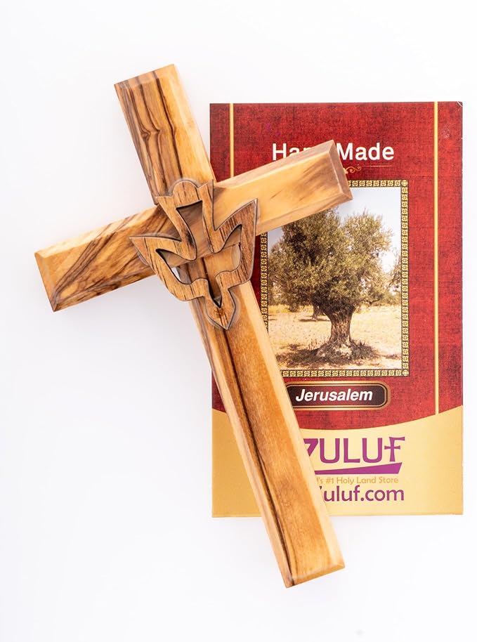 Zuluf 4.7" Olive Wood Dove Cross Wall Hanging Holy Spirit Christian Religious Gift Holy Land Decor CRS021