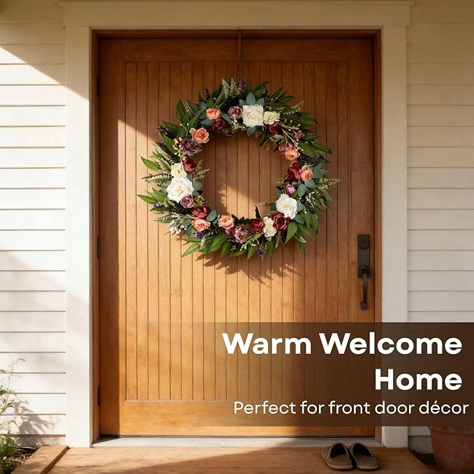 32 Inch Eucalyptus Wreaths with Roses, Hydrangeas, Lavender, Berries, Salal Leaves, Ferns, Dusty Miller, Green Summer Spring Wreaths for Front Door, Large Wreath for Porch Decor