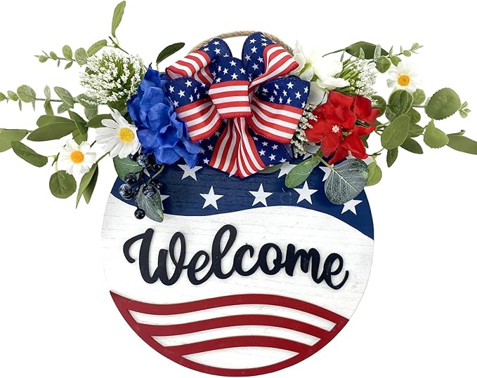 Idyllic Welcome Sign Wreath 4th of July Patriotic Sign for Front Door, 16" Red White and Blue Flower Wooden Sign Wreath for Memorial Day Independence Day Decoration