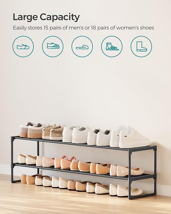 SONGMICS Shoe Rack, 2-Tier Shoe Organizer, Metal Storage Shelf, Upright or Upside Down, for 15-18 Pairs, Stackable, for Entryway, 11.8 x 46.1 x 14.6 Inches, Black ULSA032B01