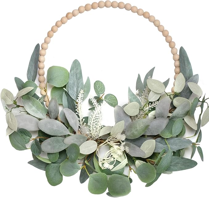 TEMPUS 16” Artificial Wood Bead Eucalyptus Wreath - Indoor/Outdoor Seasonal Farmhouse Door Decor with Artificial Greenery Perfect