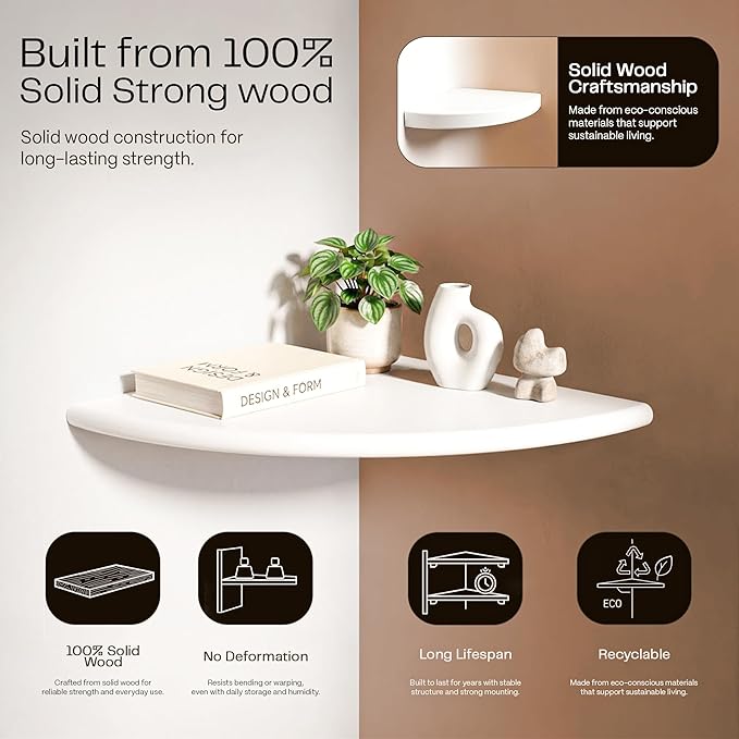 White Corner Floating Shelves for Wall Set of 4, Rounded Wood Wall Mounted Corner Shelf with Hardware, Space Saving Decorative Storage for Kids Room, Bathroom, Living Room, Office