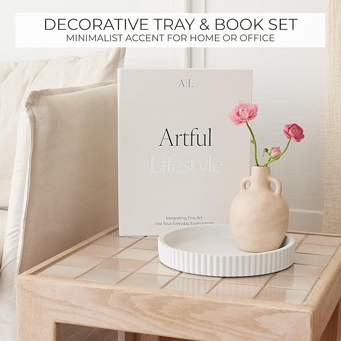 Decorative Concrete Tray & Book Decor Set - Scalloped Tray & Linen Box Enhance Your Coffee Table or Bookshelf Decor - Stylish Home Decoration for Your Living or Dining Room & as a Housewarming Gift