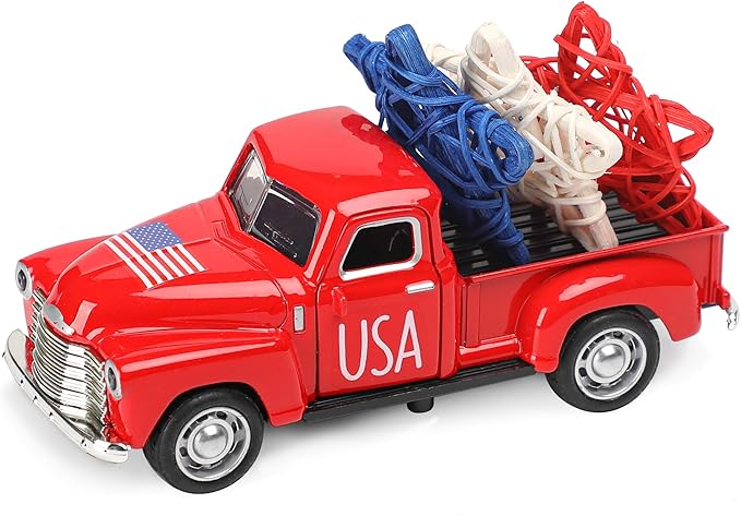 4th of July Truck Decorations - Farmhouse Metal Truck Car Decor with Stars Decorations, Patriotic Centerpieces for Tables - Lndependence Day Memorial Day Red White and Blue Tiered Tray Decor