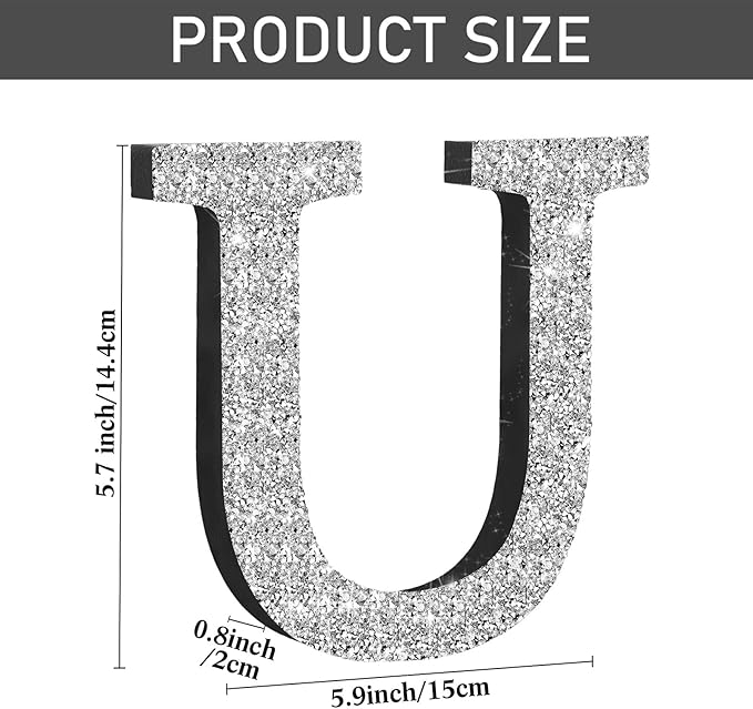 Qunclay 5.7" Silver Crystal Diamond Bling Letters Crushed Diamond Decoration Wooden Glitter Letter with Screw and Hooks Rhinestone Gift for Wedding Y2k Mcbling Bedroom Wall Decor (Letter U)