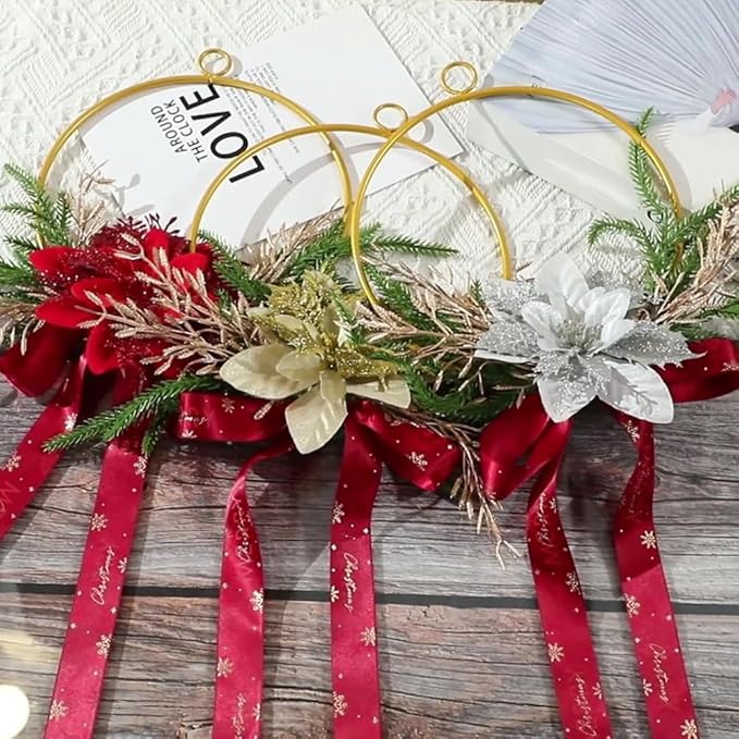 Christmas Metal Ring Wreath 7.28inch Metal Hoop with Floral Flowers Christmas Wreath with Red Bow Ribbon Floral for Front Door Winter Wall Decoration (Gold)