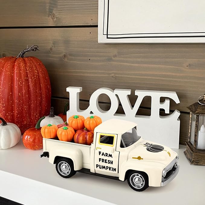 Fall Pumpkin Metal Truck Fall Home Kitchen Decorations with 8 Pcs Plastic Pumpkin, Vintage Farmhouse Tabletop Tiered Tray Decor for Summer Home Kitchen Mantel Shelf Bookshelf Mini Truck Decor