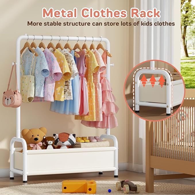 Kids Clothing Rack with Storage Shelf, Kids Dress Up Storage for Coats, Small Baby Garment Rack for Hanging Clothes, Toddler Wardrobe Closet Organizer (Classic, White)