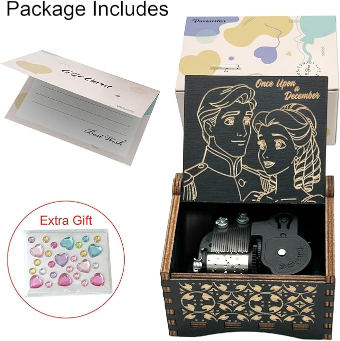 Pursuestar Black Wooden Wind Up Music Box - Anastasia Once Upon a December, Vintage Engraved Wood Mechanism Musical Gifts for Anniversary Mother's Day Valentine's Day Christmas Thanksgiving Birthday