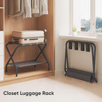 Set of 2 Luggage Rack for Guest Room, Folding Suitcase Stand with Shoe Shelf, Steel Portable Luggage Stand Bedroom, Hotel, Easy Assembly, Hold up to 110 lb, Black